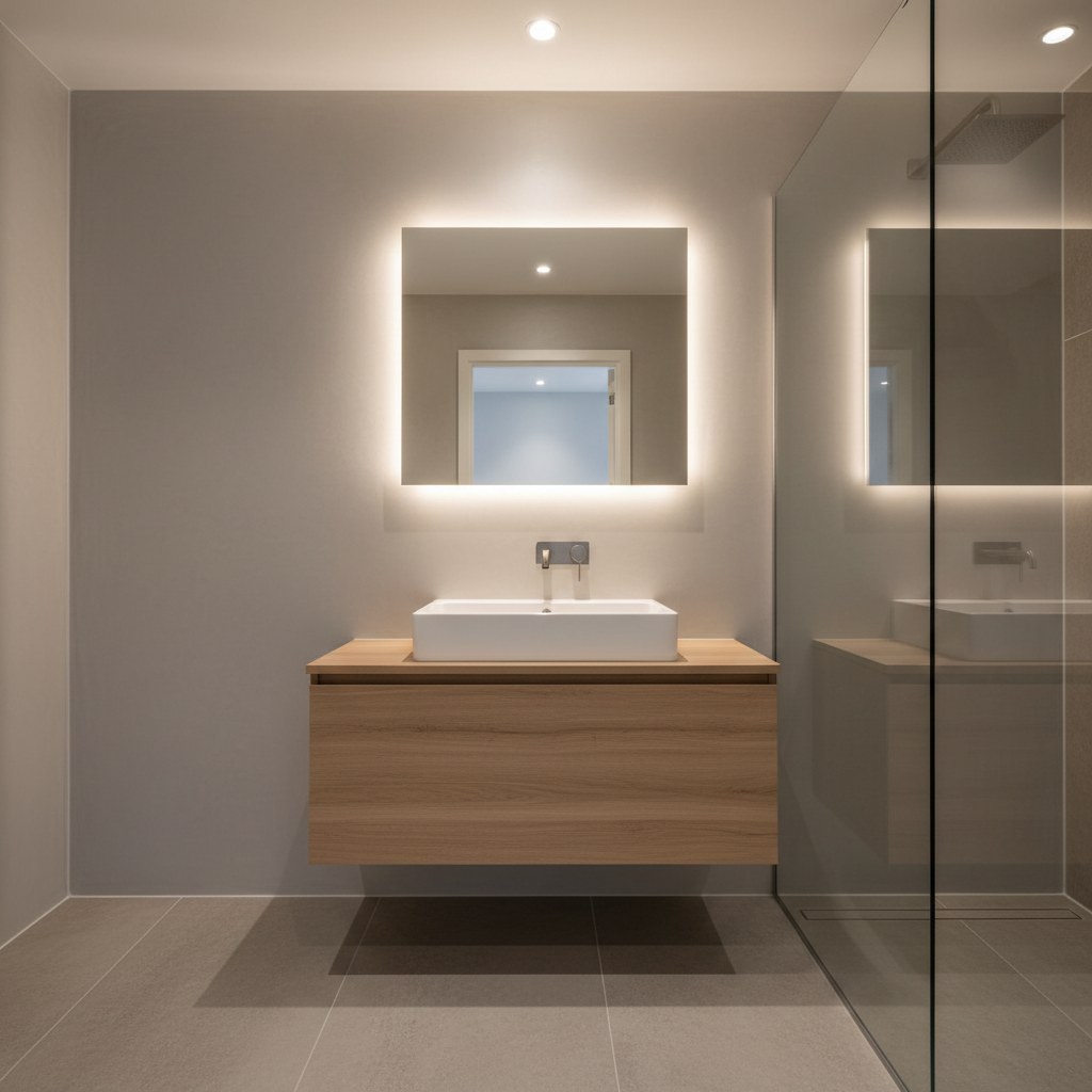A detailed shot of a small apartment bathroom renovation, highlighting a wall-mounted white ceramic sink with a slim rectangular basin, paired with a brushed nickel faucet emerging cleanly from a light grey microcement wall. Below, a floating vanity in warm natural wood conceals storage, its grain softly visible. The floor is covered in large-format stone-texture tiles in a warm greige, with a discreet linear drain near a frameless glass shower screen. Recessed ceiling lights and a backlit mirror create layered, flattering illumination, reflecting off matte surfaces without glare. Photographed straight-on with sharp focus, the composition emphasizes symmetry, precise alignments, and immaculate caulking lines. The mood is hygienic, serene, and highly professional, showcasing the quality of fine detailing for an interior design construction portfolio.