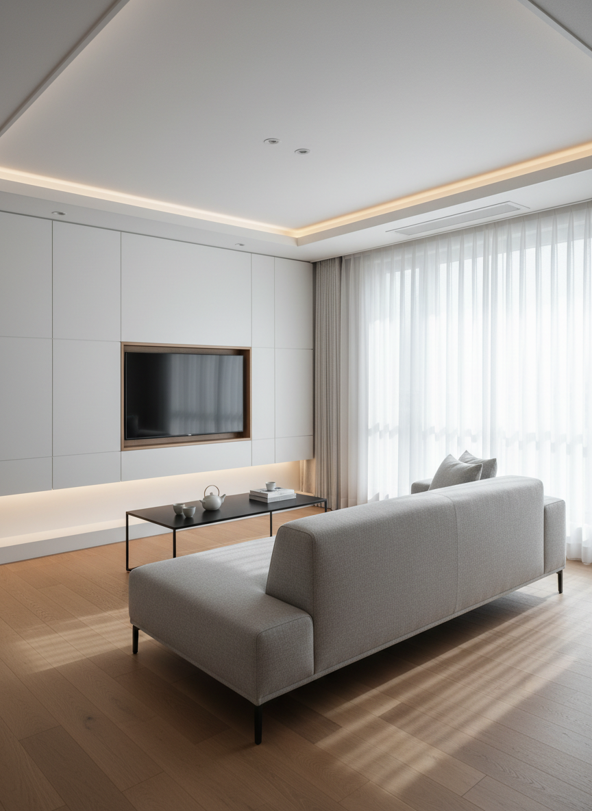 A meticulously styled modern living room interior designed for a Korean apartment, featuring a low-profile light grey fabric sofa with crisp lines, a slim black metal coffee table with a matte surface, and a built-in TV wall with white matte panels and a subtle wood accent niche. The room opens toward a large balcony window with sheer white curtains, allowing soft afternoon natural light to wash over warm oak flooring. Subtle cove lighting in the ceiling adds a refined glow, creating a calm, professional atmosphere. Photographed at eye level with sharp focus and a slightly wide angle, the composition emphasizes spaciousness, minimal clutter, and clean, contemporary photographic realism suitable for an interior design portfolio homepage.