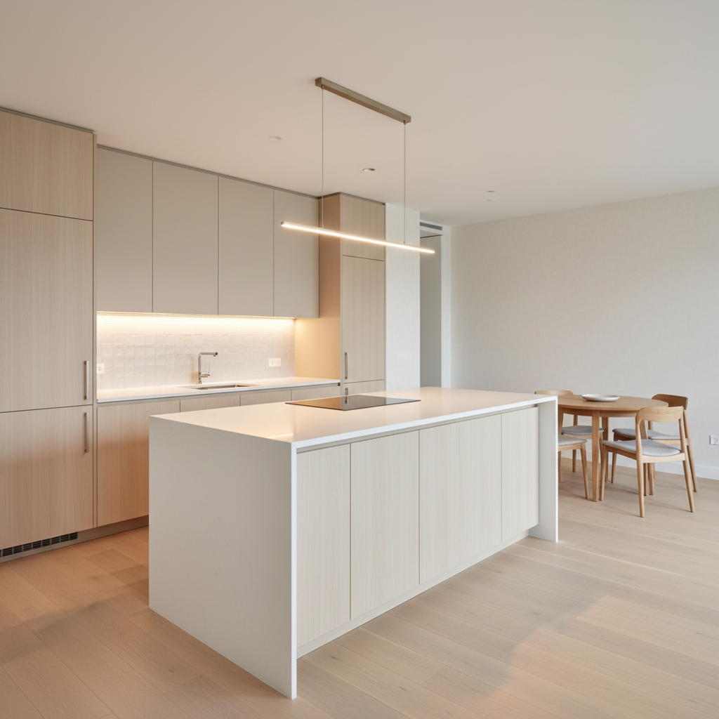A photo-realistic open-plan kitchen and dining space in a mid-size apartment, featuring a long white quartz island with waterfall edges, integrated induction cooktop, and barely visible built-in handles. Matte beige upper cabinets and pale wood lower cabinets create a harmonious, understated palette. A linear pendant light in a soft warm tone hangs precisely over the island, while concealed cove lighting under the upper cabinets illuminates a light grey backsplash. The surrounding area includes a compact dining table in natural oak with minimalist chairs, set against a subtly textured off-white wall. Captured from a corner at a wide angle, the image accentuates functional circulation and storage. The lighting feels bright yet cozy, reinforcing a professional, modern design mood perfect for a portfolio of practical urban interiors.