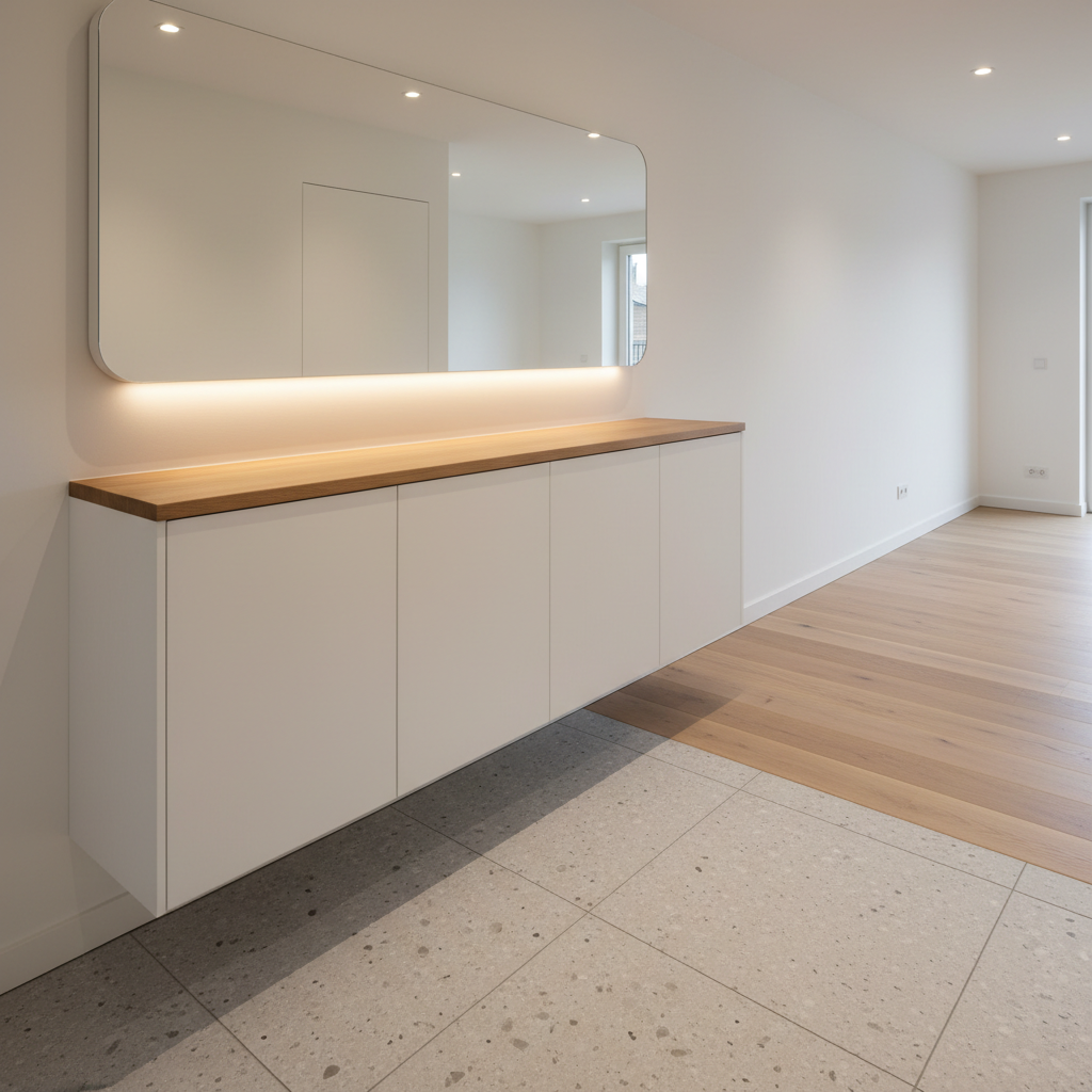 A carefully composed entry hallway of a newly renovated apartment, showcasing a custom-built shoe cabinet with handleless white matte doors and a contrasting warm wood top, integrated with a slim horizontal LED strip under a floating mirror. The floor transitions from light grey terrazzo near the entrance to pale oak planks leading inward, creating a clear zoning effect. Soft, diffused ceiling downlights cast gentle shadows that highlight the precise joinery and flawless finishes. Shot from a slightly elevated angle looking into the home, the composition uses leading lines to draw the eye deeper into the space. The mood is orderly and welcoming, with a clean, professional, photographic aesthetic ideal for demonstrating meticulous interior detailing.